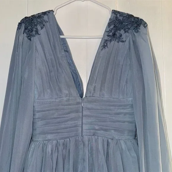 Elegant Dusty Blue Evening Gown with Cape Women's Size S Formal Dress - Picture 9 of 9